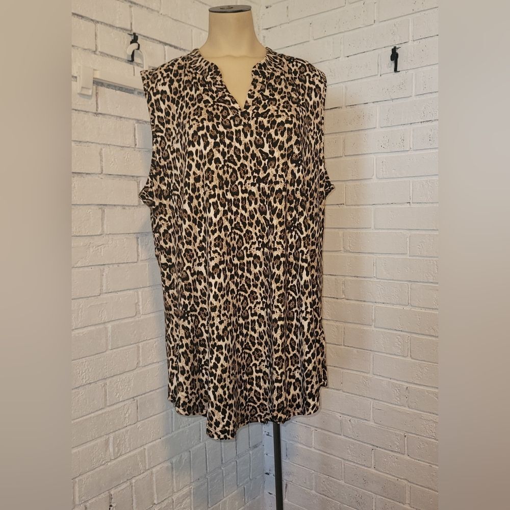 Leopard Print V-Neck Sleeveless Blouse by Belaroi - Plus Size 3X